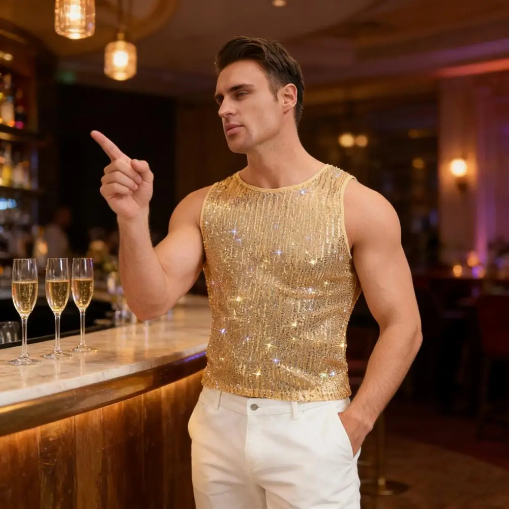 Men Rhinestone Vest Sparkly Round Neck Sleeveless Shirt Sheer Sexy Tank Top for Music Festival Rave Nightclub Bar Party