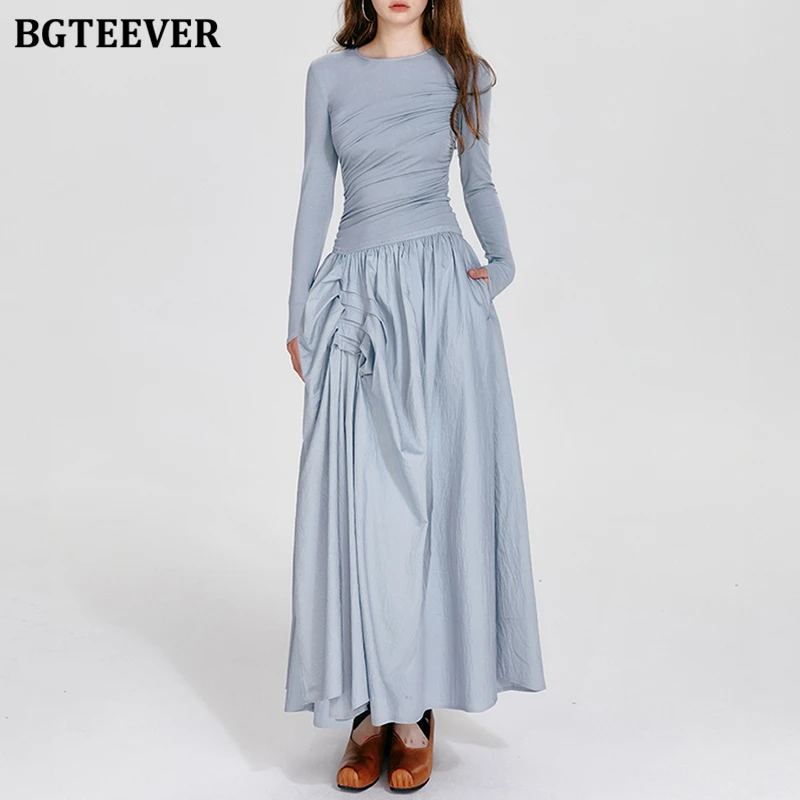 BGTEEVER Stylish O-neck Long Sleeve Female A-line Dress Autumn Fashion Slim Waist Pockets Women Mid-Length Dress
