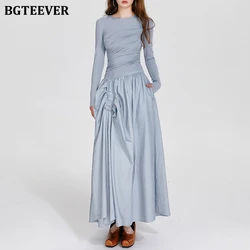 BGTEEVER Stylish O-neck Long Sleeve Female A-line Dress Autumn Fashion Slim Waist Pockets Women Mid-Length Dress