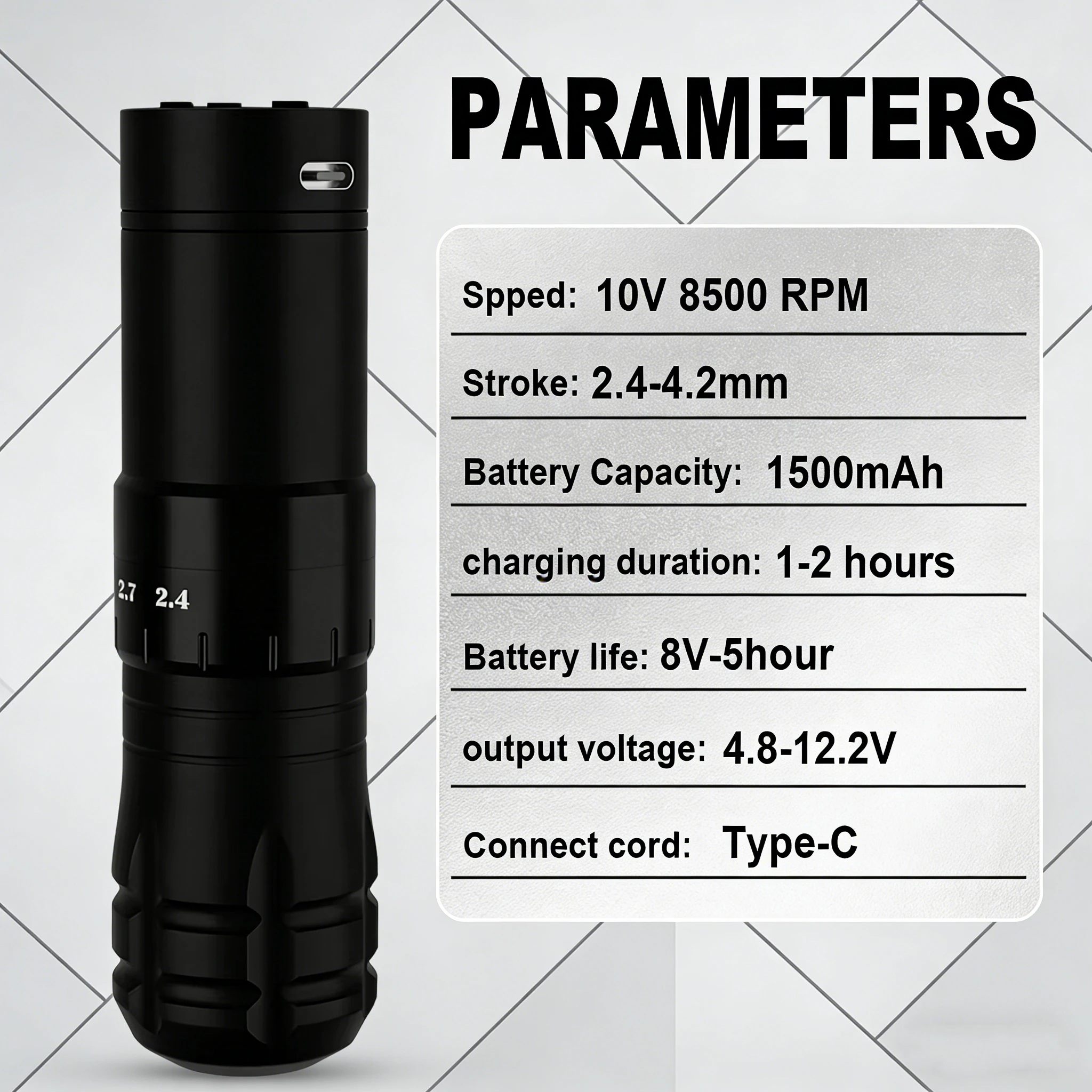 Professional Wireless Rotary Tattoo Pen with Adjustable 2.4-4.2mm Stroke 8500RPM 4.8-12.2V 1500mAh TYPE-C Tattoo Accessories
