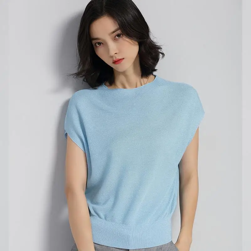 Estate New Thin Ice Silk Knitting Tops Tees manica corta o-collo All-match magliette da ufficio allentate Vintage elegante abbigliamento donna