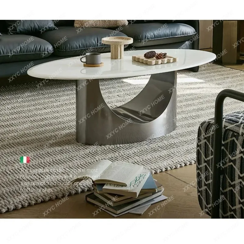 XX Natural Marble Oval Coffee Table For Living Room Stainless Steel Base Luxury Stone Tea Table