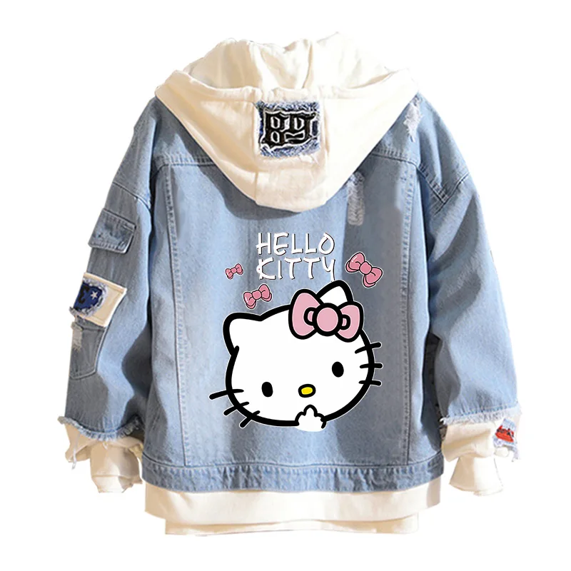 อะนิเมะ Sanrio DENIM เสื้อแจ็คเก็ต Hello Kitty กางเกงยีนส์ Hooded เสื้อกันหนาว Unisex Ripped Hole คอสเพลย์ Hoodie แขนยาว DENIM แจ็คเก็ต