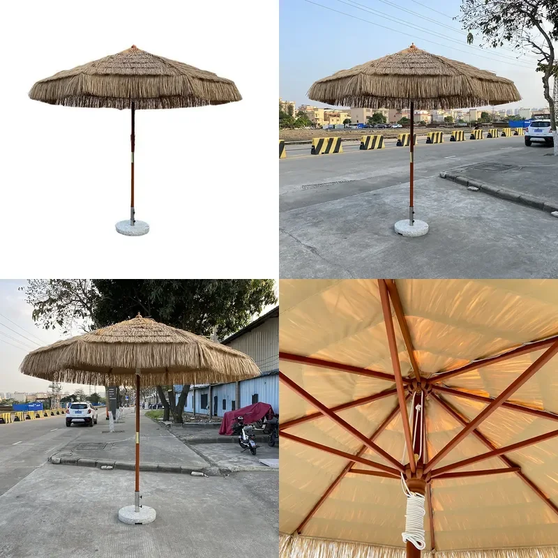 48mm Wood 2.7m Straw Center Pole Parasol Outdoor Garden Beach Patio Sun Shade Umbrella