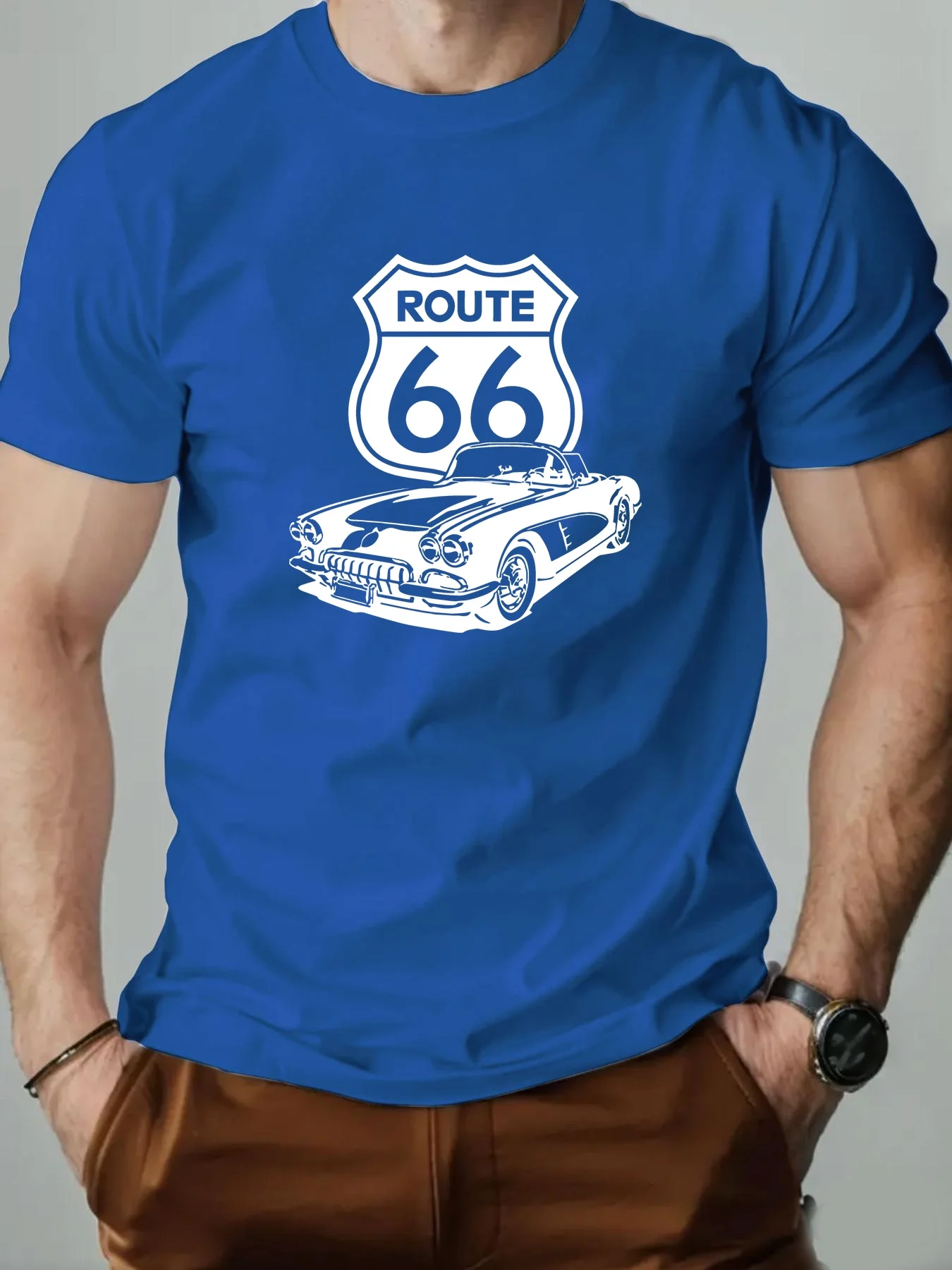 Summer Men's 100% Cotton Casual Loose Retro Route 66 Classic Car Pattern Comfortable Sports Round Neck Short Sleeved T-Shirt Top