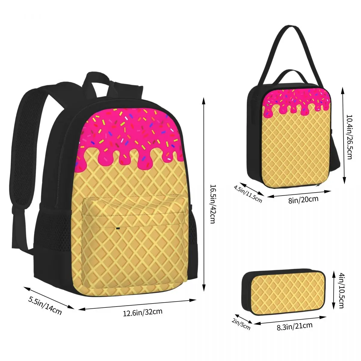 STRAWBERRY IceCream Waffle Cone BackpacksBoys Girls Bookbag Students School Bags Kids Rucksack Lunch Bag Pen Bag Three-Piece Set