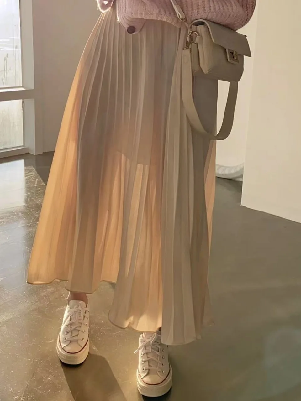 

Ele Pure Color Юбка-миди трапециевидной формы Весенний сезон Женская модная дизайнерская универсальная длинная плиссированная юбка с высокой талией