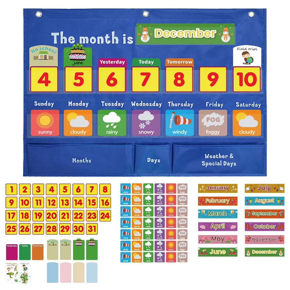 Calendario per bambini Primo calendario settimanale Data dei bambini Meteo Grafico tascabile cognitivo Borsa da appendere