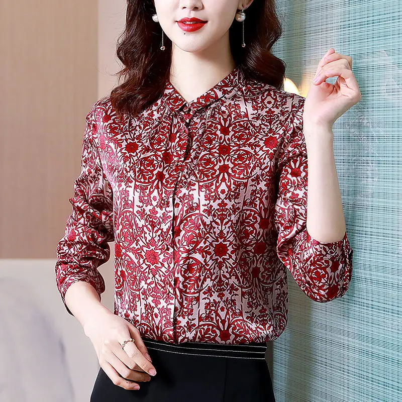 Temperament POLO Collar Printed 3D Long Sleeved Shirt for Women\'s Spring Autumn Fashion Single Row Multi Button Forged Tops