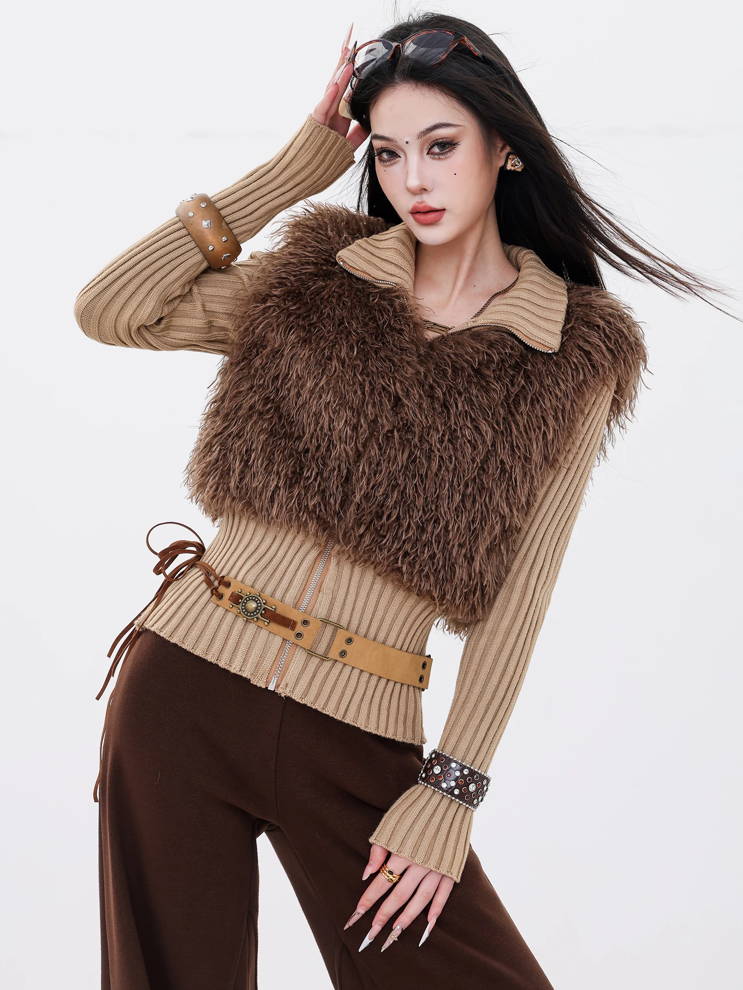 

Экологичная женская трикотажная куртка с меховой отделкой Long Sve, облегающая верхняя одежда ABWLR Snow Peak Mocha, оригинальный дизайн, осень-зима