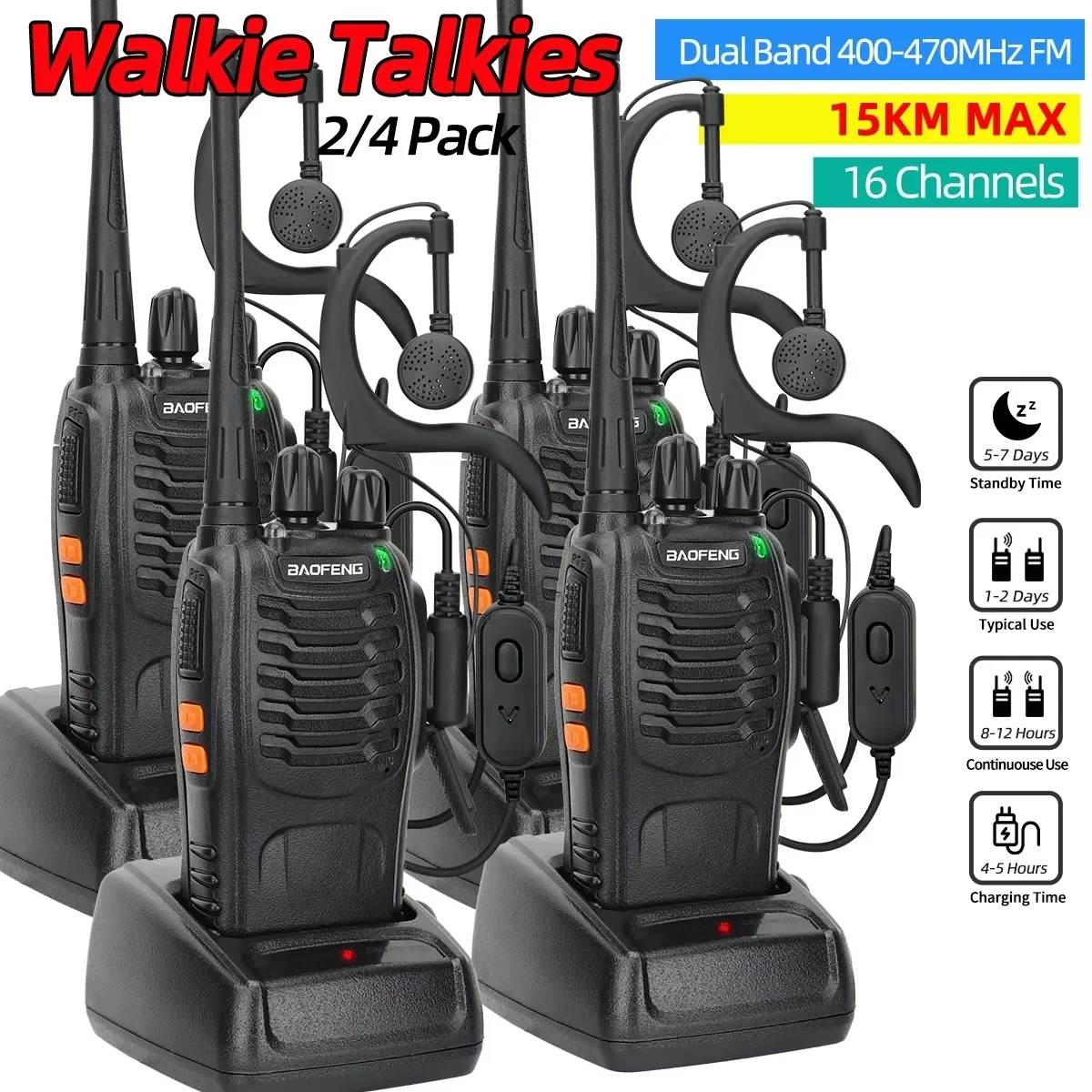 2/4PCS Baofeng BF-888S V2 Walkie Talkie Dual Band Portable Long Range Standby UHF 400-470MHz USB Ham Two Way Radio for Hunting