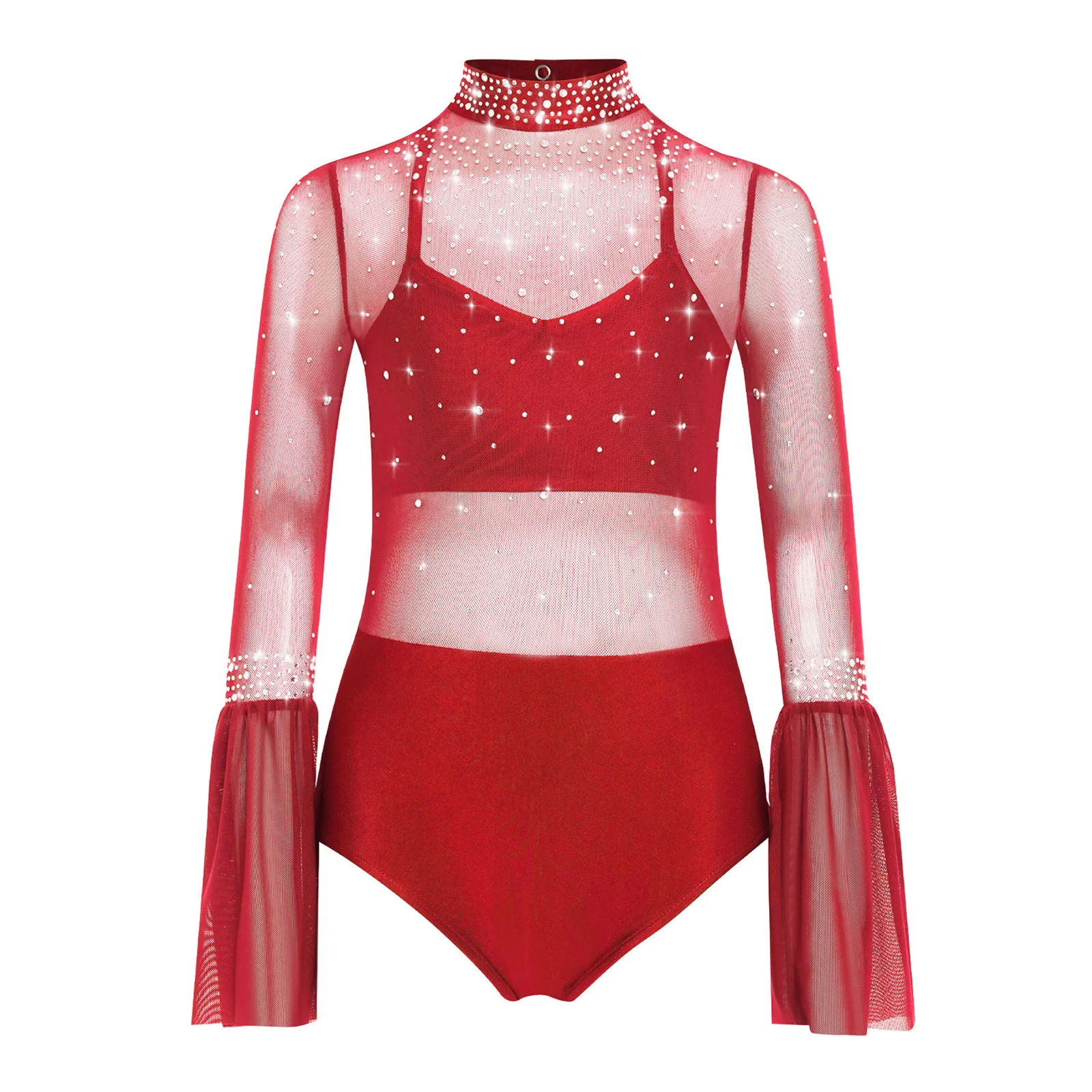 

Women Figure Skating Dance Costume Flare Sleeve Backless Sparkly Rhinestone Jazz Dance Bodysuit Modern Lyrical Leotard Dancewear