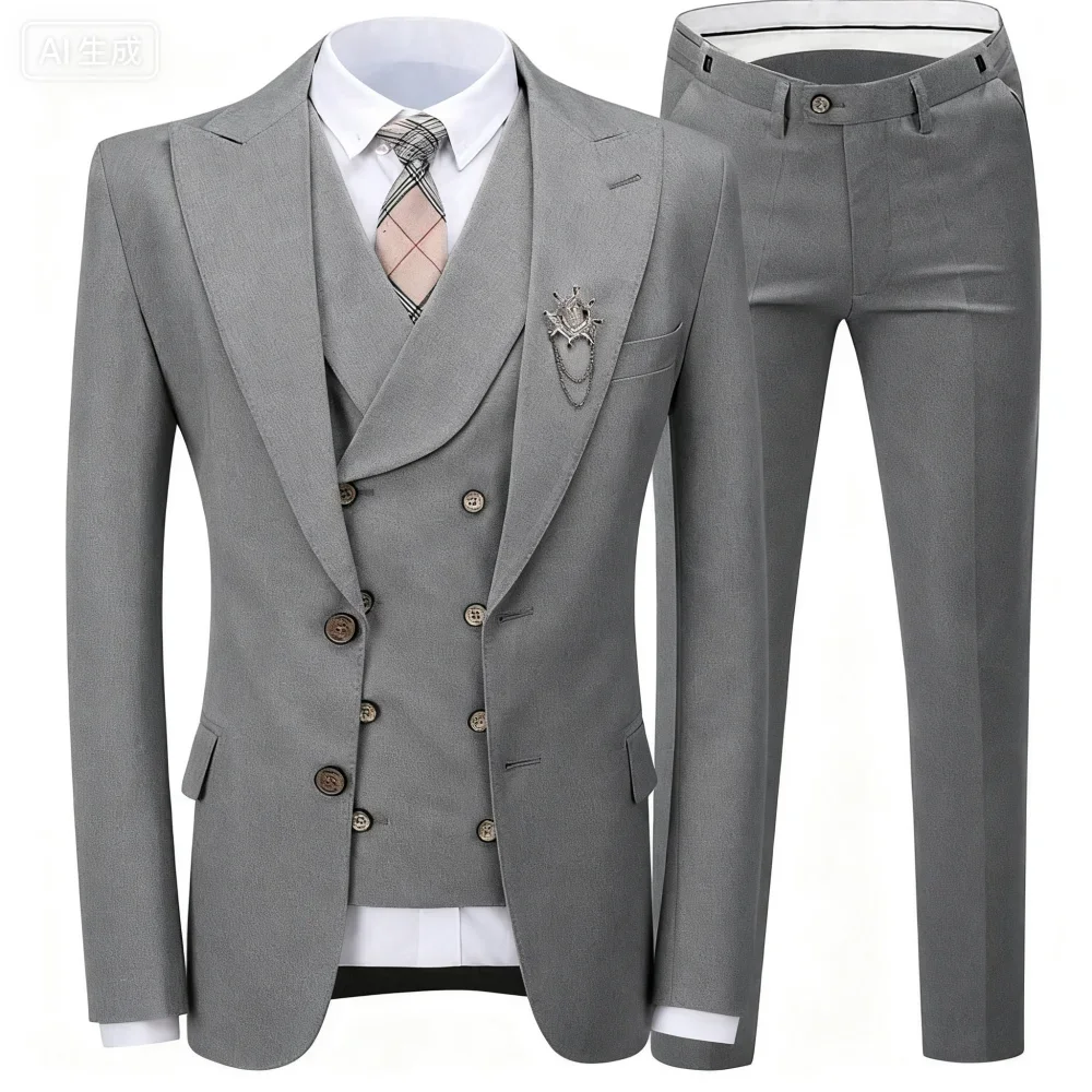 Customizable Soft Pink Men's Tuxedo 3 Piece Suit With Peak Lapel Unique Chest Pocket Jacket Pants Vest Set Formal Wear