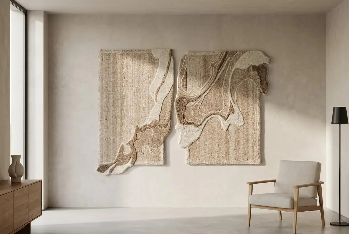 Handmade Wool Wall Hanging, Organic Abstract, Beige Brown, 6x4 Ft