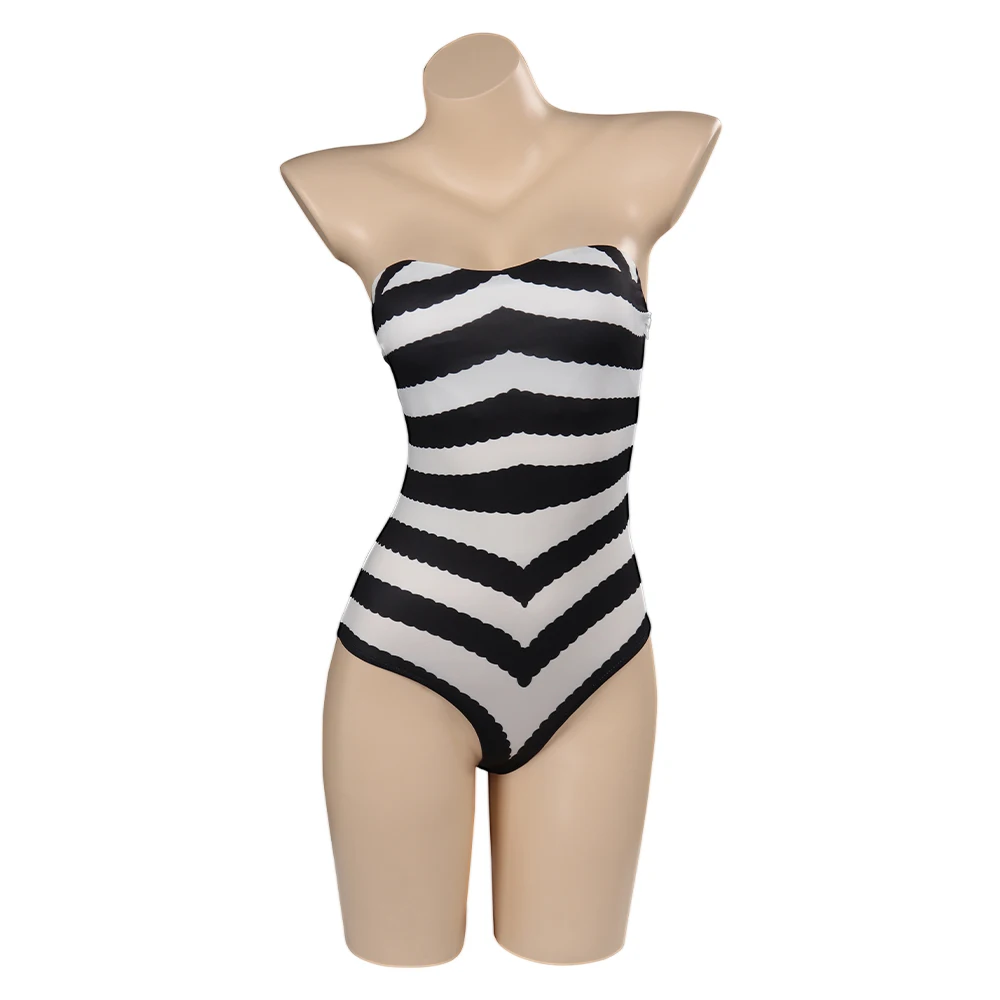 Women Black White Striped Swimsuit Cosplay Costume Disguise Adult Roleplay Swimwear Female Halloween Carnival Party Suit