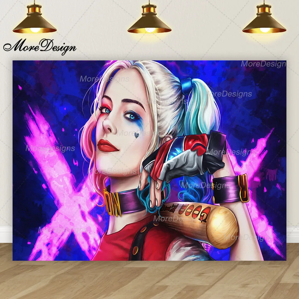 Harley Quinn Photo Backdrop Girls Birthday Party Suicide Squad Moive Banner Vinyl Polyester Fabric Photography Background