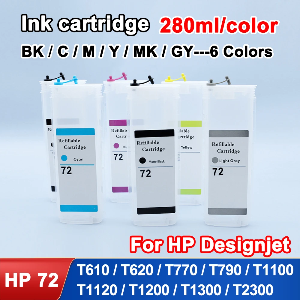 6 Color 280ml Refill Cartridge For HP 72 Refill Ink Cartridge For HP Designjet T610 T620 T770 T790 T1100 T1300 T2300