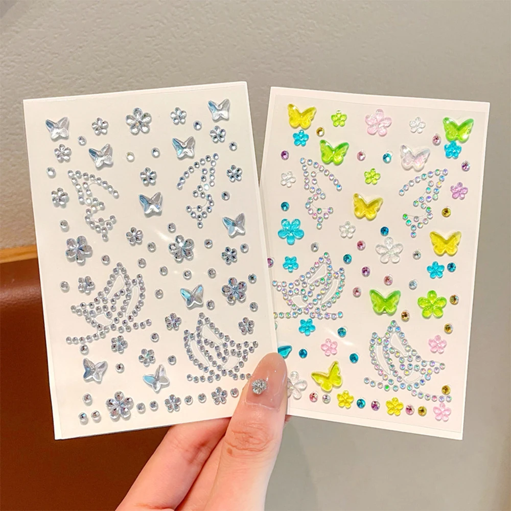 2 Stück Bling rosa weiße Schmetterling Blume Edelstein Tattoos Aufkleber selbstklebende Diamant temporäre Tattoo für Auge Gesicht Körper Juwelen Dekor – Detail 5