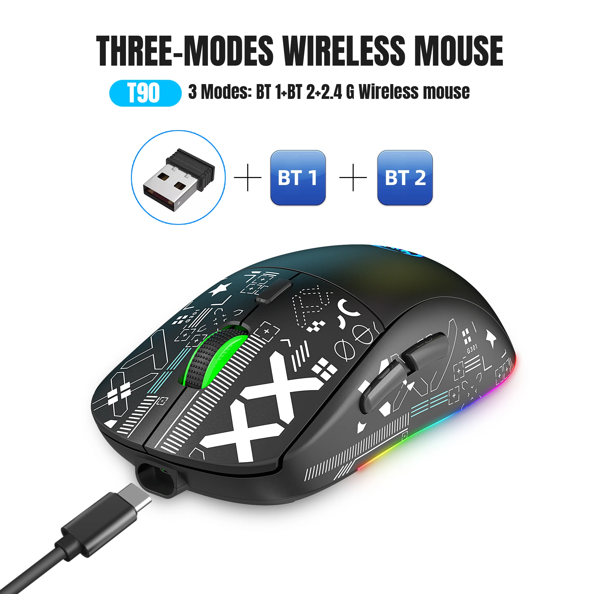 

3 Modes Bluetooth Gaming Mouse Rechargeable 2.4G USB Wireless RGB Backlight Mouse for iPad Tablet Laptop Computer