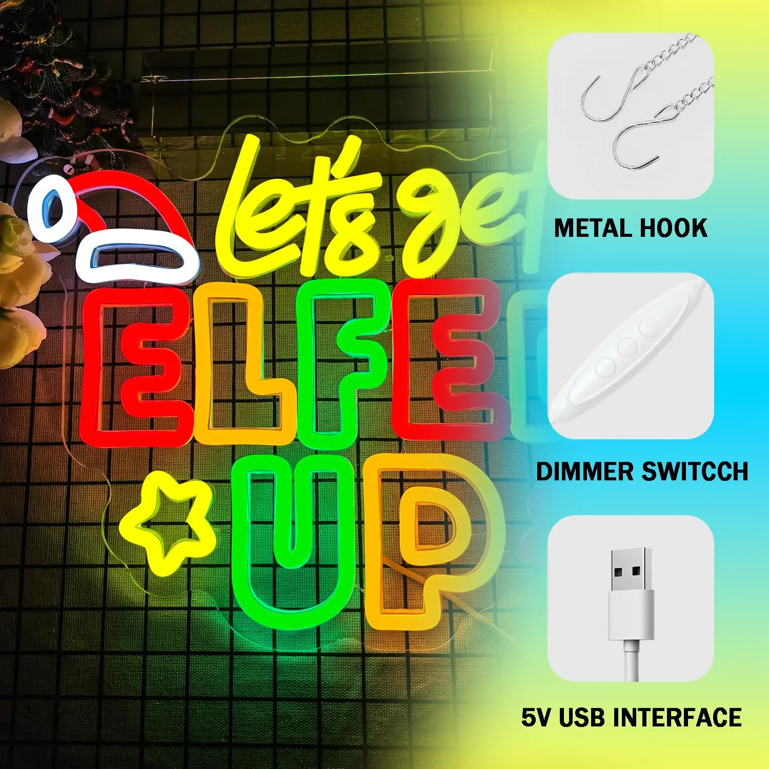 Неоновая вывеска Let's Get Elf UP, красочная вывеска с регулируемой яркостью, светящаяся вывеска, настенный декор для рождественской вечеринки, окна, детский подарок