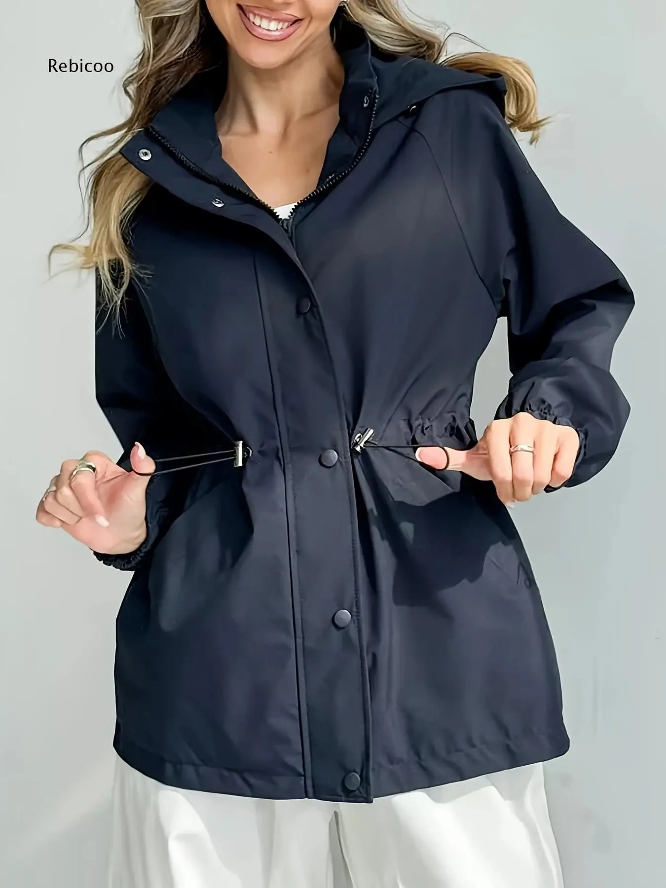 Solid Hooded Windproof Style Jacket For Women Drawstring Waist Side Pockets Loose Long Sleeve For Going Out And Casual Looks
