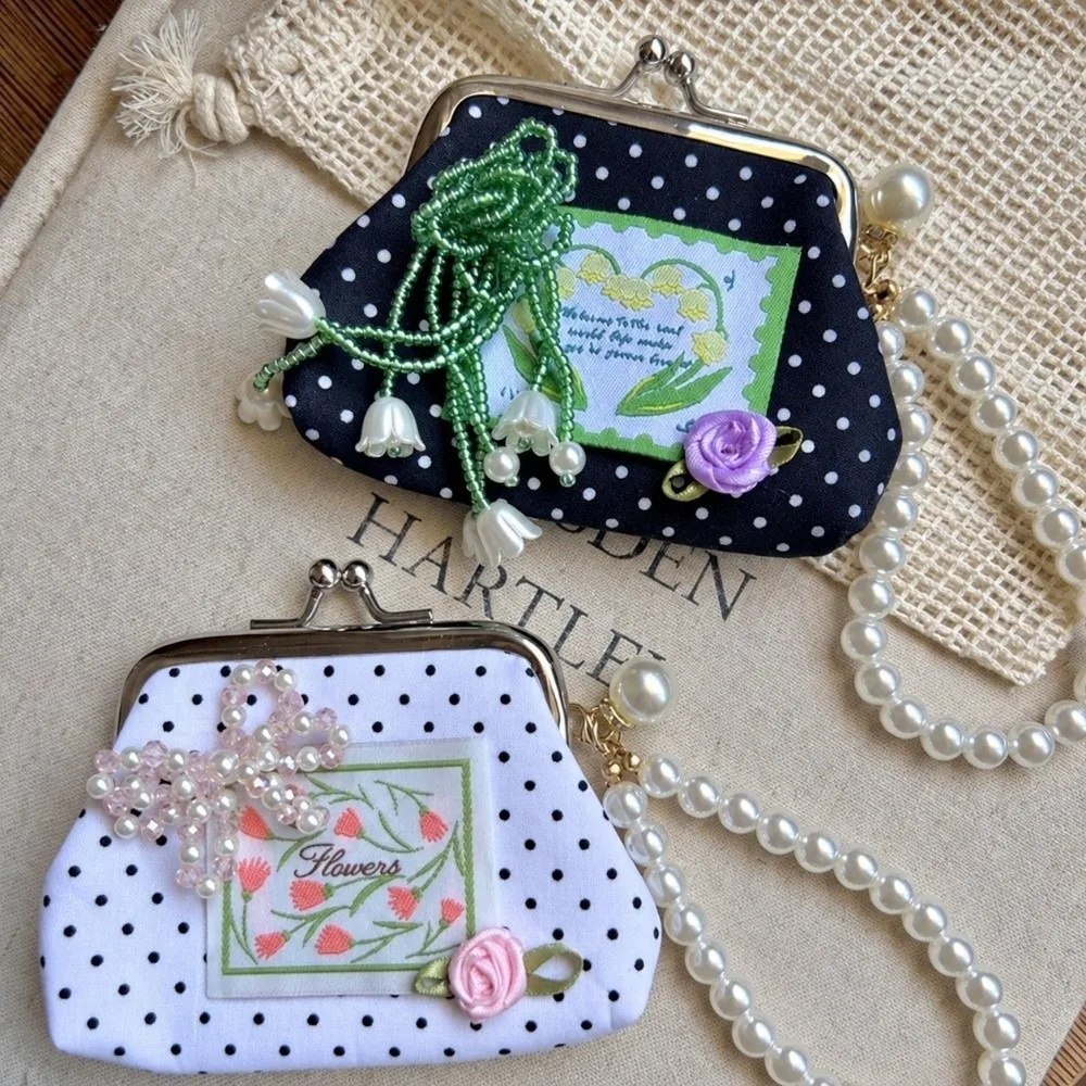 Portable Polka Dots Coin Purse Sparkly Sequins Kiss Lock Mini Storage Pouch with Detachable Pearl Chain Small Cosmetic Bag
