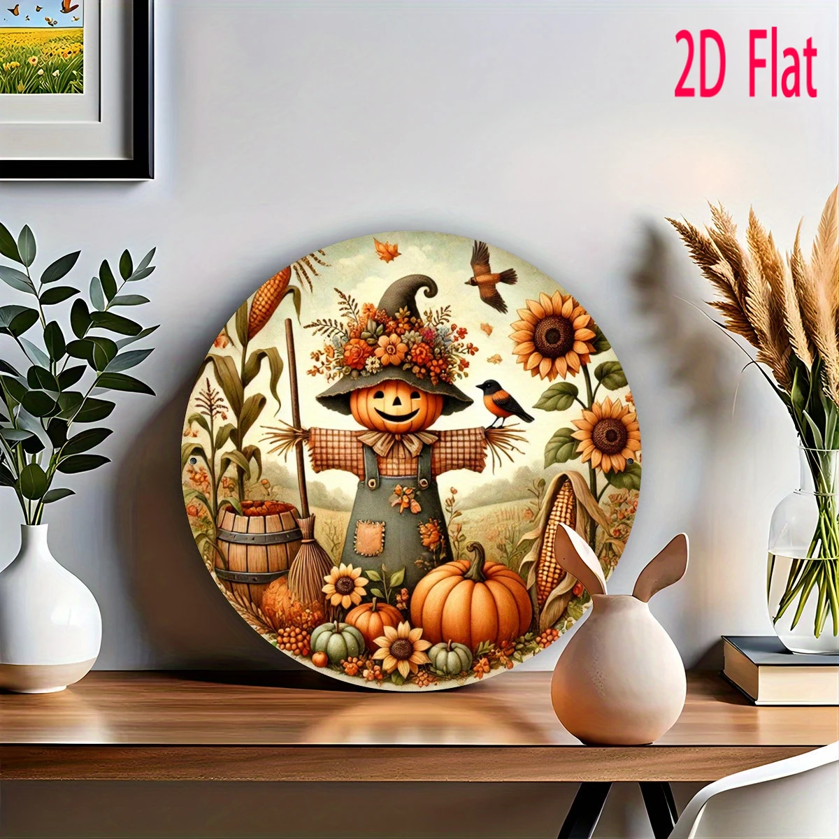 2D Flat Printing 1pc Autumn Harvest Wooden Wall Art Decor - Country Style Scarecrow And Sunflower Pumpkin Pattern, Pre-Drilled H