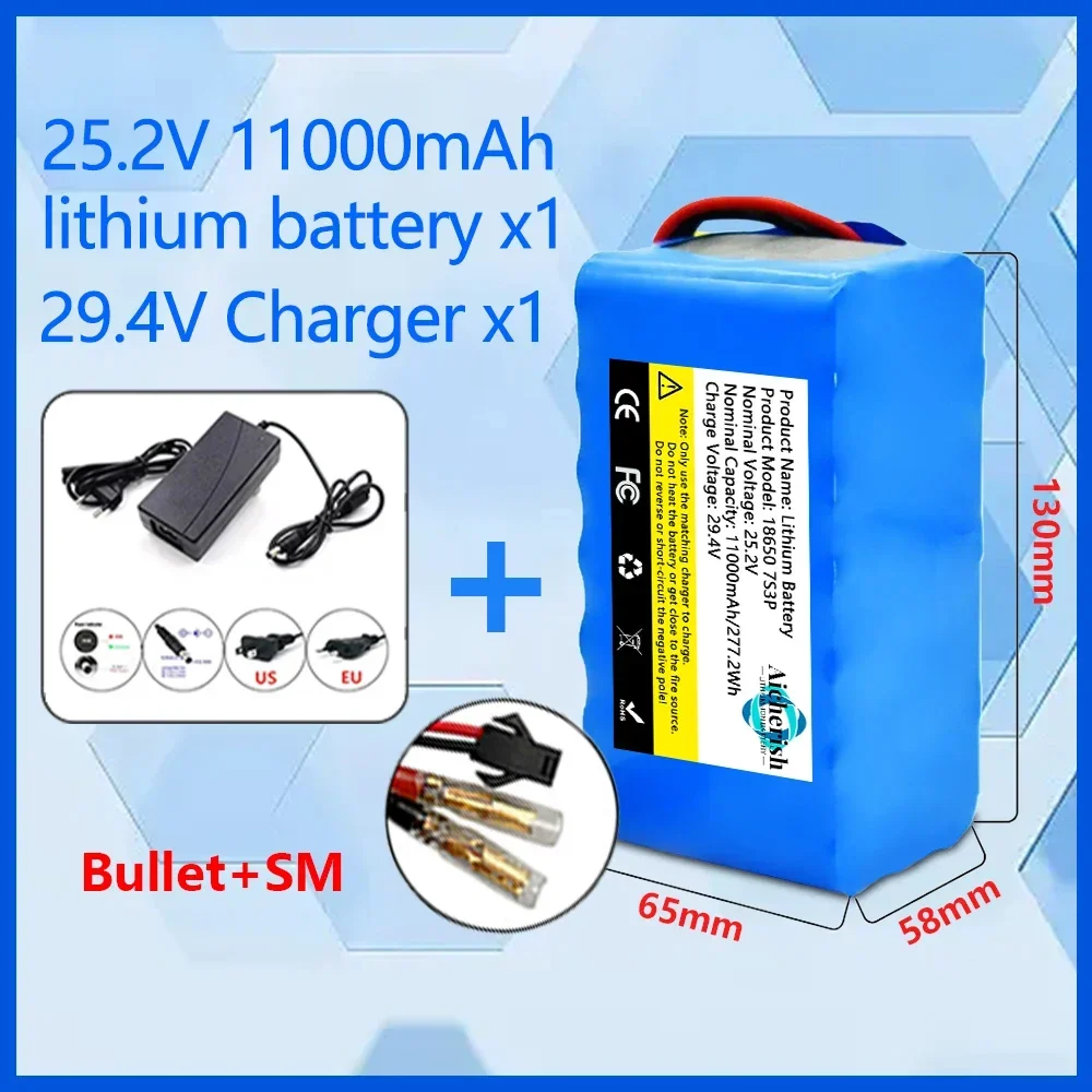 

18650 7S3P 25.2V 11000Ah Rechargeable Lithium Battery Packwith BMS Suitable for 24V - 29.4V motors+2A Charger