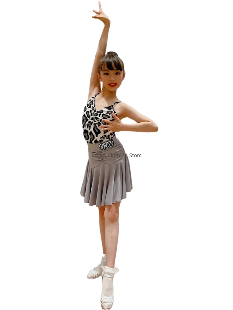 Leopard Tango Latin Dance Dress Girls Cha Cha Rumba Samba Dance Skirt Girls Kid Latin Dance Clothes Competition Ballroom Dresses