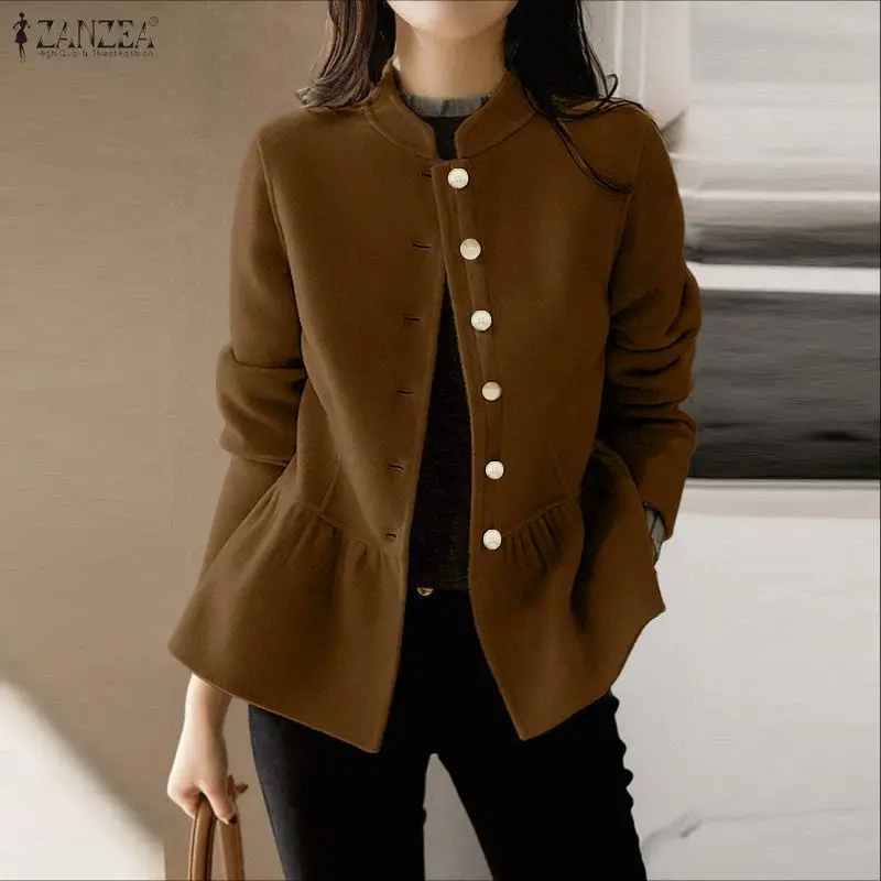 ZANZEA Winter Wollen Jassen Vrouwen Lange Mouw Stand Kraag Casual Jassen 2026 Mode Enkele Breasted Effen Tuniek Elegante Outwears