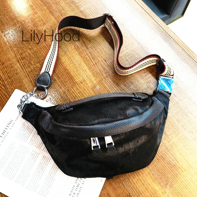 

Female Fashion High Quality Horse Fur Waist Bag Women Designer Luxury Artificial Leather Hair Cellphone Black Fanny Pack Bag