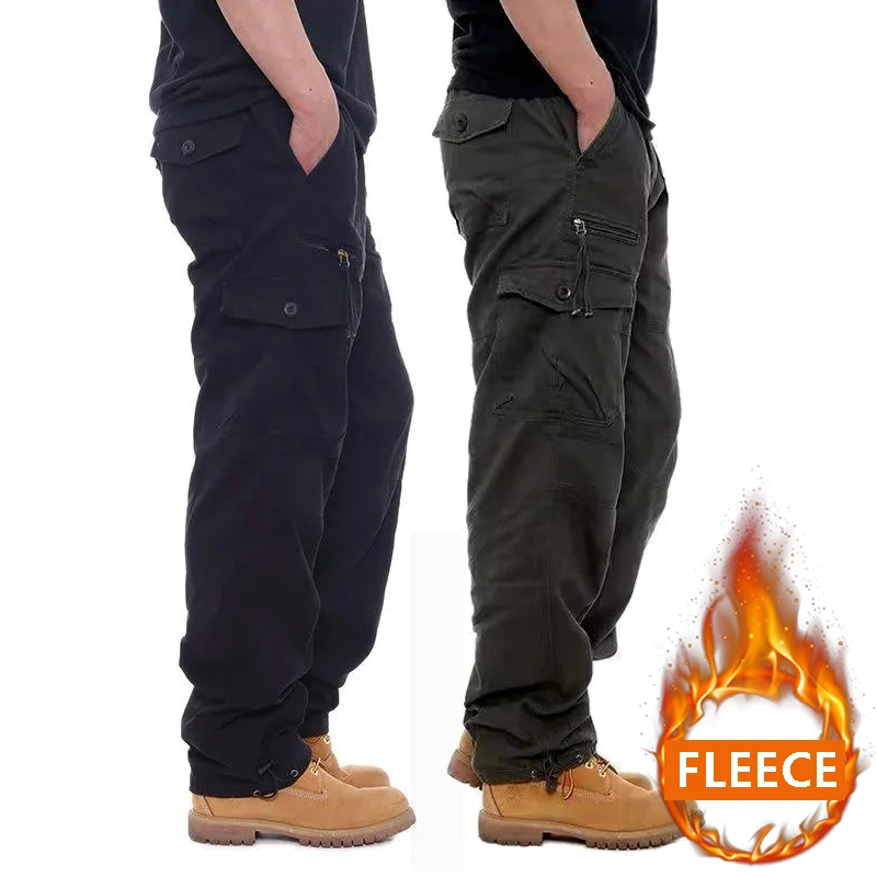 

Autumn Winter Mens Cargo Pants Fleece Warm Trousers Cotton Pants Insulated Hiking Running Pants Man Multiple Pockets