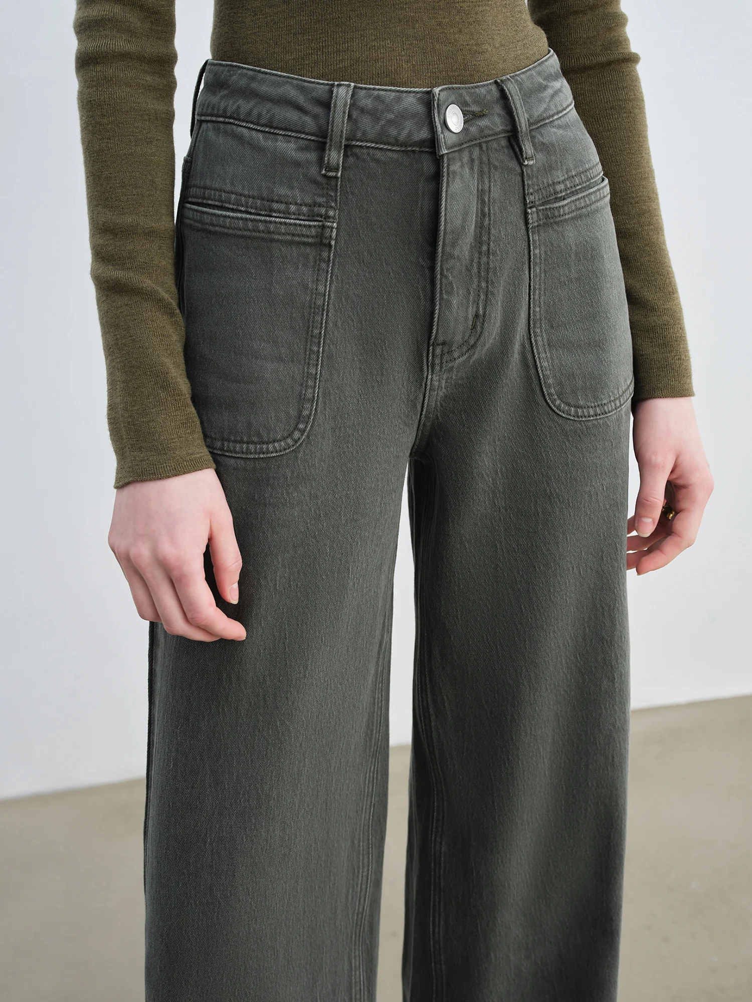 Ziqiao Retro op maat gemaakte groene jeans voor dames 2025, nieuwe stijl, heupbedekkende rechte broek, slanke wijde pijpen, lange broek 25ZQ93010