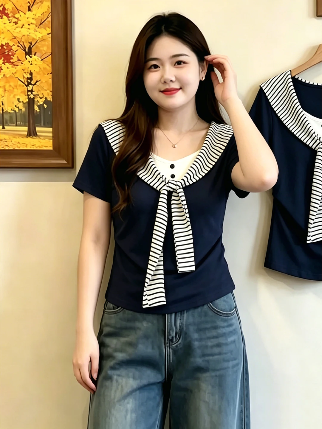 plus Size Korean Striped Shoulder T-Shirt Short Sleeve Fake Two-Piece Slimming Waist Trendy Summer New Style Women's Top