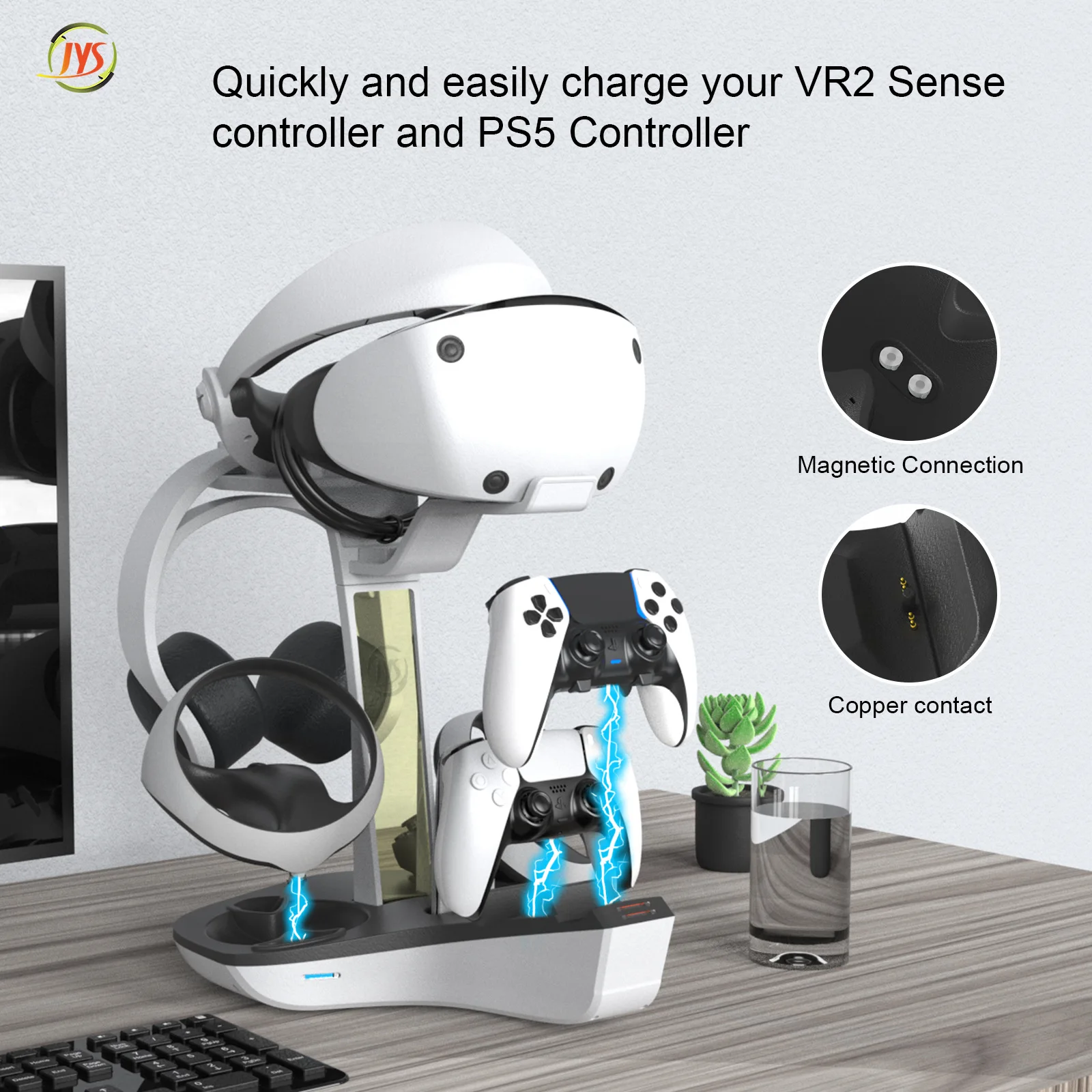 ใหม่ JYS-P5156 สําหรับ PS5 VR2 controller พัดลมระบายความร้อน LED ตัวบ่งชี้การชาร์จความรู้สึก RGB แสงพร้อมขาตั้งหูฟังผู้ถือ