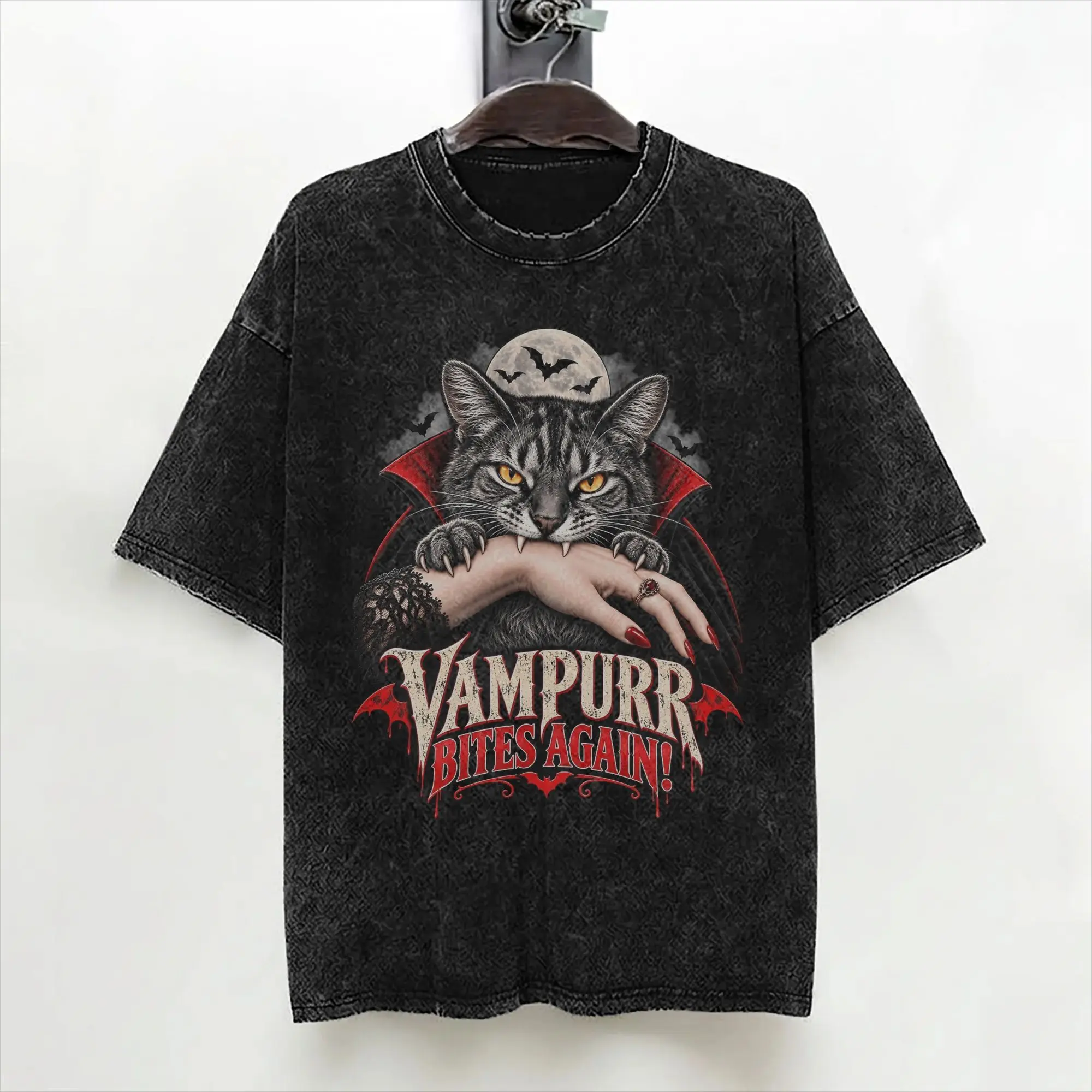 Vampurr Bites Again Halloween Vampire Cat Washed T Shirts Streetwear Novelty T-Shirts Tees Men Women 100% Cotton Street Printed