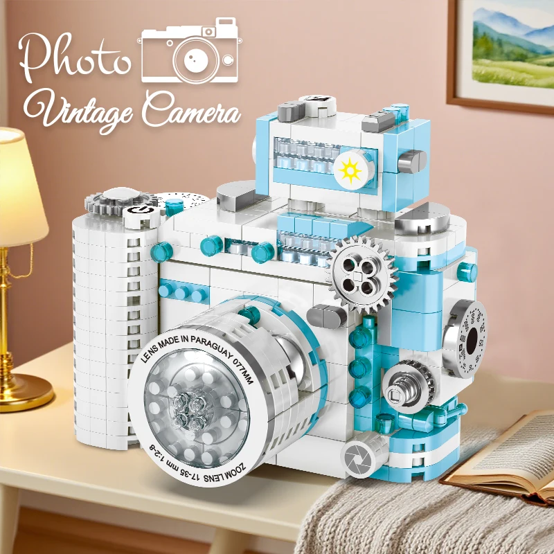 빈티지 카메라 블록 DIY 창의적 모델 - 소녀용 조립 고급 외관 디스플레이 피스 퍼즐 장난감 선물