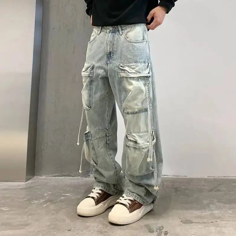 Pantaloni in denim cargo multitasche da uomo autunnali Pantaloni jeans larghi a gamba dritta Pantaloni in denim da lavoro da strada alta Y2K Streetwear
