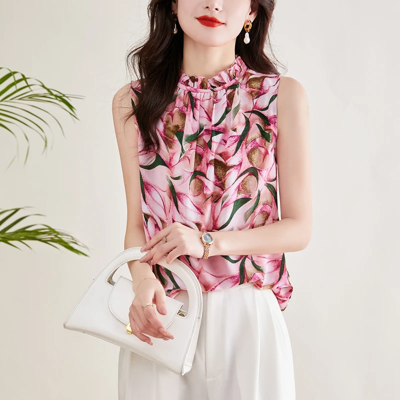 2023 Summer New Fashion Women Blouse Elegant Chiffon Sleeveless Ruffle Print Pullover V-Neck Top Office Lady Formal Shirts