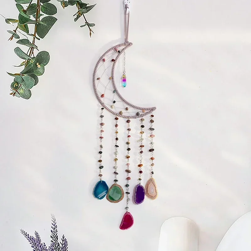 Moon Dream Catchers Natural Agate 7 Chakra Color Gemstone Dream Catcher Living Room Wall Hangings Natural Stone Home Decorations