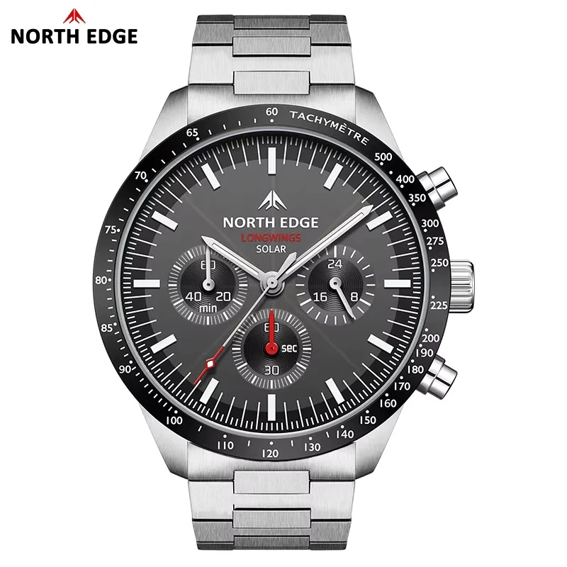 

NORTH EDGE Men Business Chic Quartz Watch Solar Powered Waterproof 50m 316 Stainless Steel Luminous Pilot Watch LONGWINGS