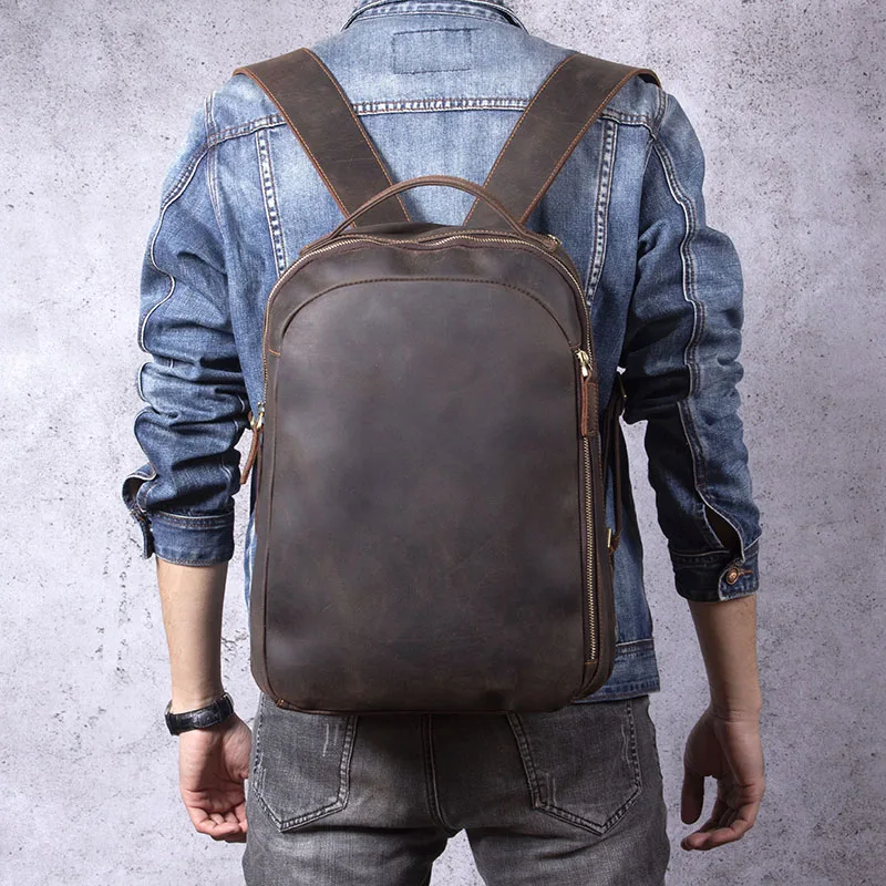 S.WORKER Vintage Echtleder-Rucksack für Herren, klassischer Schulrucksack, 14-Zoll-Laptop-Tagesrucksack, Crazy Horse Rindsleder-Tasche, Preppy-Stil – Detail 4
