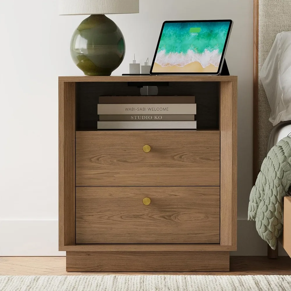 Nightstand with Charging Station, Mid Century Modern Nightstand with Wood Grain Texture, Minimalist End Table , Customized