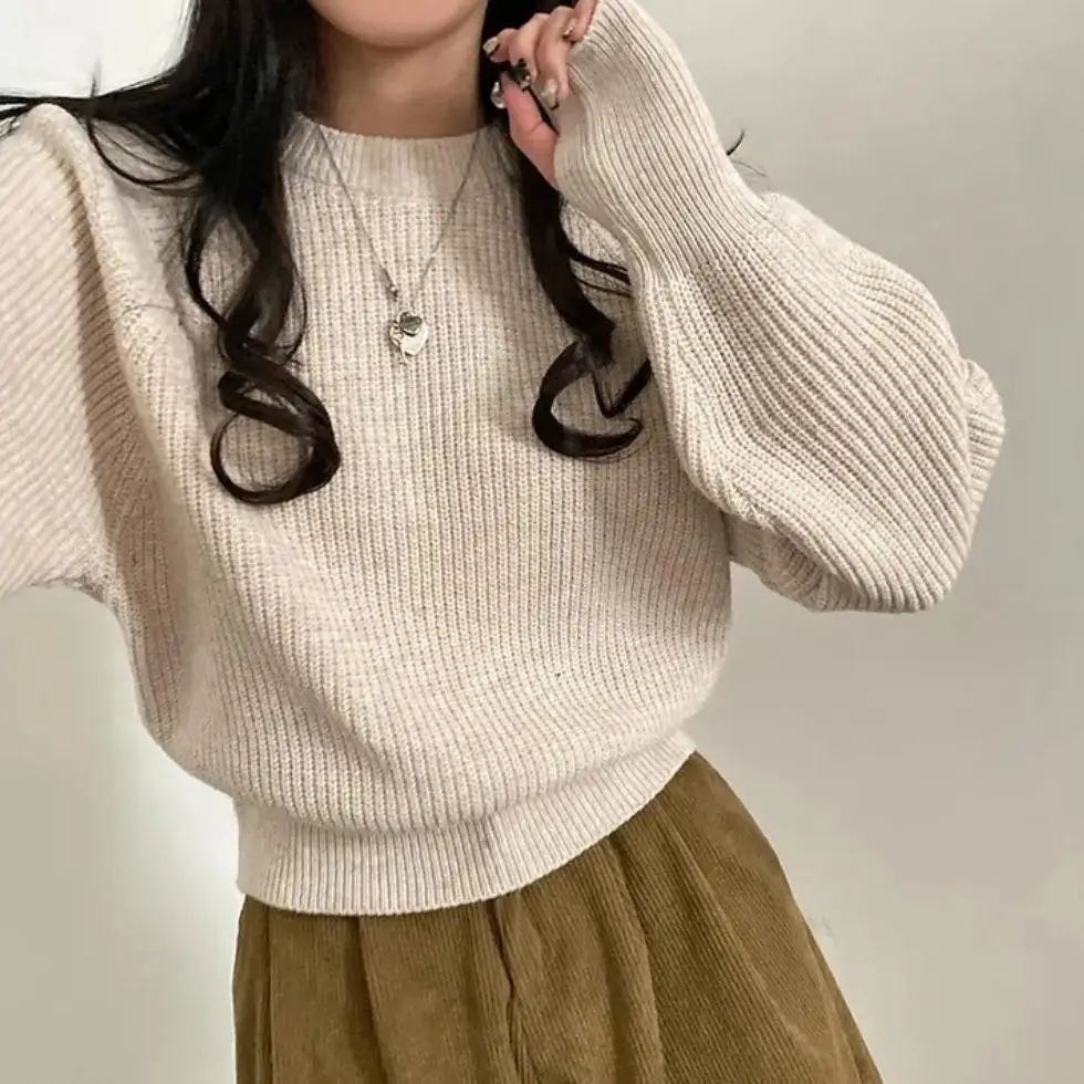 

Стильный круглый свитер-пуловер для женщин, с длинными рукавами, утепленный, вязаный, теплый топ из 100% полиэфирного волокна, новинка зимы