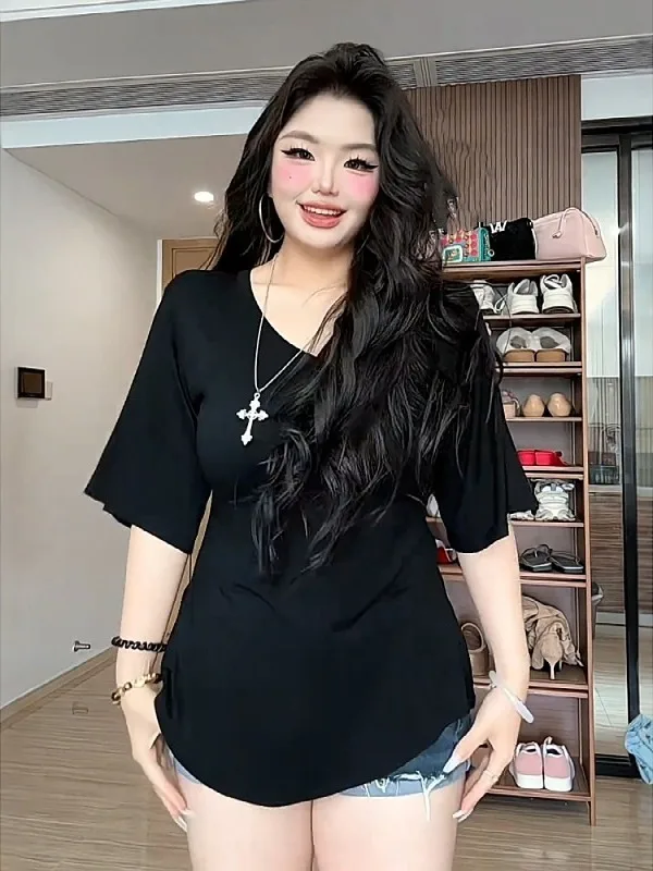 

Laid-ba Sle Basic V-ne Mask T-irt Women Summer 2026 New plus Size Loose Meat Concealing Slimming Top