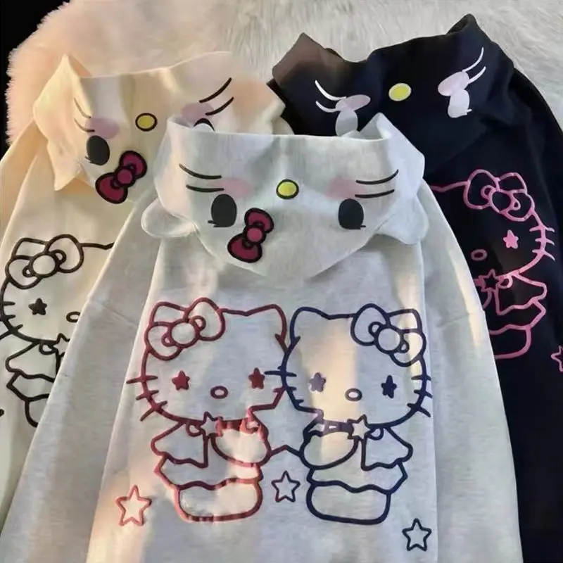 

Женский свободный кардиган Sanrio Hellokitty, удобная толстовка с капюшоном и мультяшным аниме, милый подарок на весну и осень