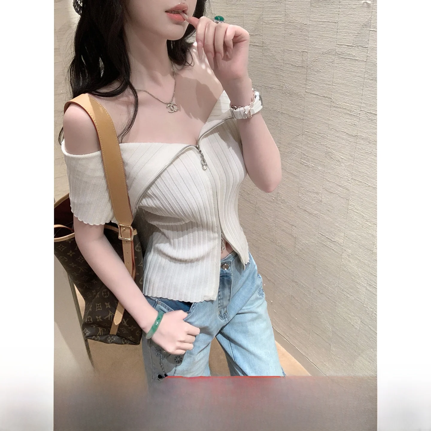 Syqiao Summer Women's Knitted T-shirt Shoulder Bared Large Collar Rylee And Cru Soft Acrylic And Linen Blend Casual Style