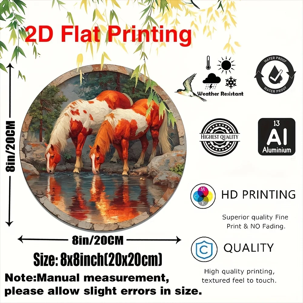 Two Pinto Horses Drinking by Stream Round Wall Sign, 2D Flat Printing Rustic Forest Horse Circular Plaque,