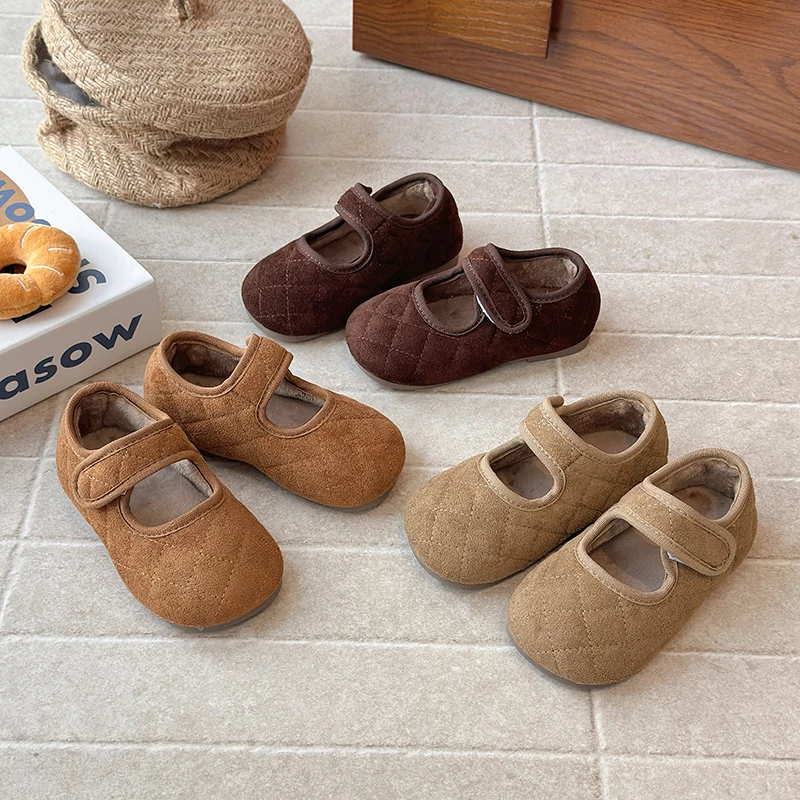 

Warm Short Plush Ballet Flat Shoes For Kids Girls Winter Vintage Fluffy Mary Jane Shoes Baby Child Soft Sole Velvet Dress 21-30