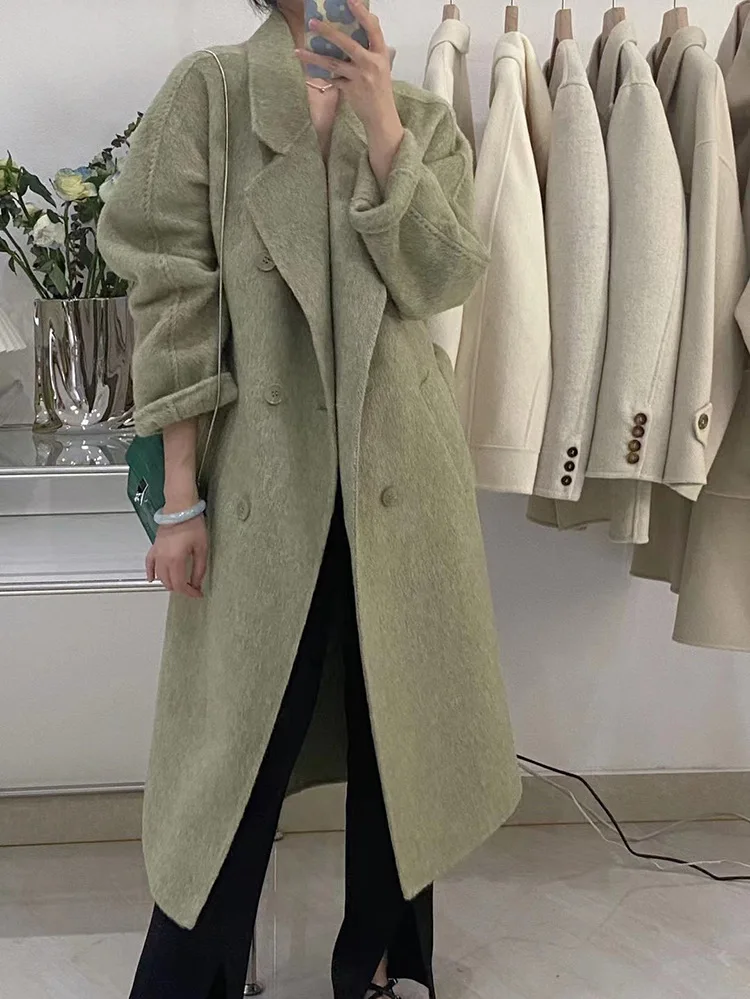 2023 Autumn  Women Drouble Breasted Woolen Coat With Belt Mulberry Silk Cashmere Winter Clothes Long Coats Tops New